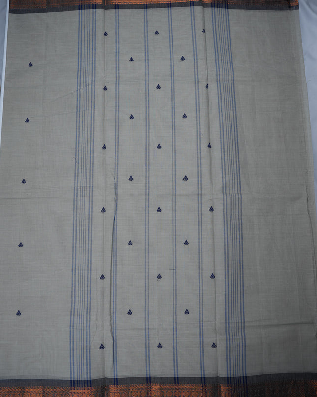 Premium Kanchi Handloom Cotton Saree in Elegant Pearl Grey with Traditional Zari Border | Soft Cotton Comfort & Graceful Drape