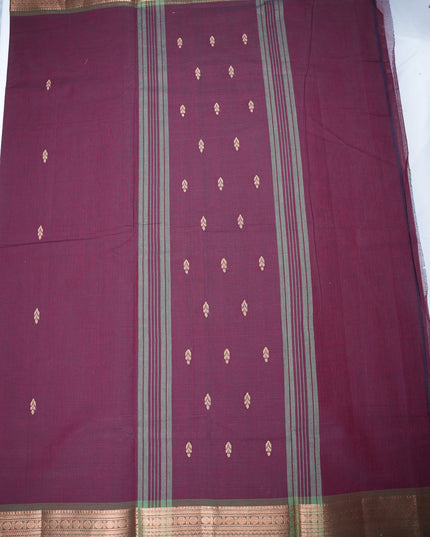 Premium Kanchi Handloom Cotton Saree in Wine Maroon with Traditional Zari Border | Soft Cotton Comfort & Graceful Drape