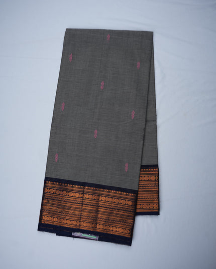 Premium Kanchi Handloom Cotton Saree in Smoky Grey with Traditional Zari Border | Soft Cotton Comfort & Graceful Drape