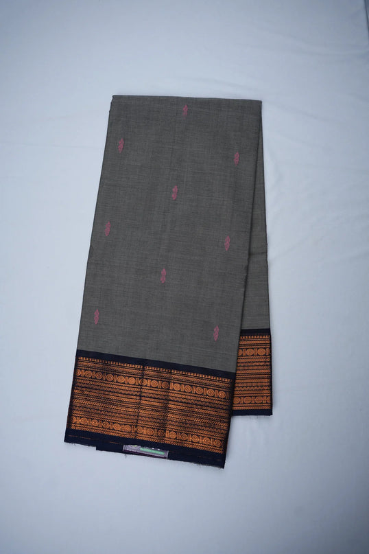 Premium Kanchi Handloom Cotton Saree in Smoky Grey with Traditional Zari Border | Soft Cotton Comfort & Graceful Drape