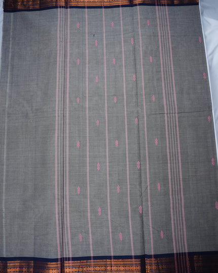 Premium Kanchi Handloom Cotton Saree in Smoky Grey with Traditional Zari Border | Soft Cotton Comfort & Graceful Drape