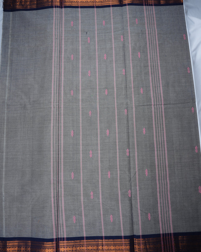 Premium Kanchi Handloom Cotton Saree in Smoky Grey with Traditional Zari Border | Soft Cotton Comfort & Graceful Drape