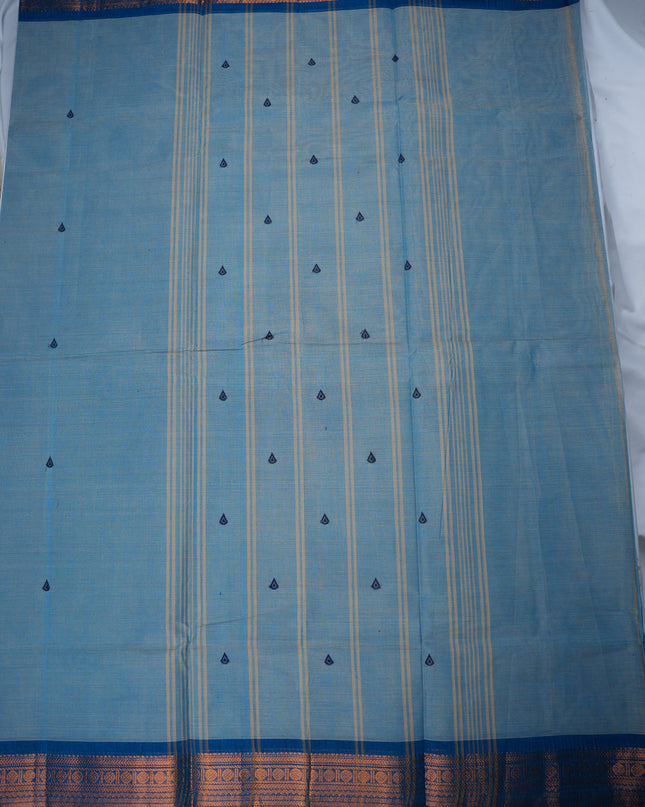 Premium Kanchi Handloom Cotton Saree in Dusty Sky Blue with Traditional Zari Border | Soft Cotton Comfort & Graceful Drape
