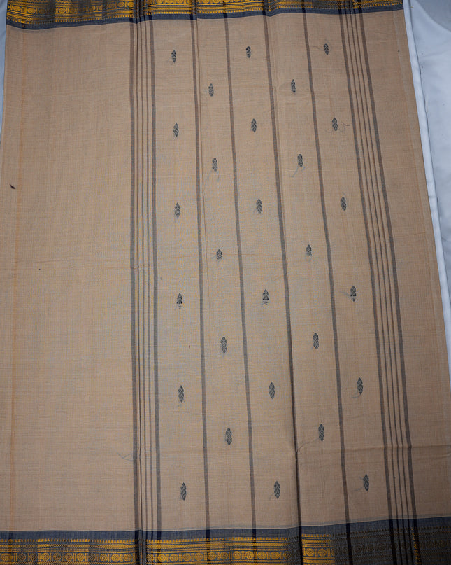 Premium Kanchi Handloom Cotton Saree in Sand Beige with Traditional Zari Border | Soft Cotton Comfort & Graceful Drape