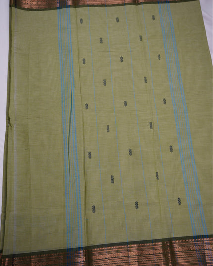 Premium Kanchi Handloom Cotton Saree in Pista Green with Traditional Black Buttas & Rich Copper Zari Border