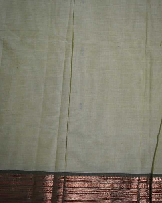 Premium Kanchi Handloom Cotton Saree in Pista Green with Traditional Black Buttas & Rich Copper Zari Border