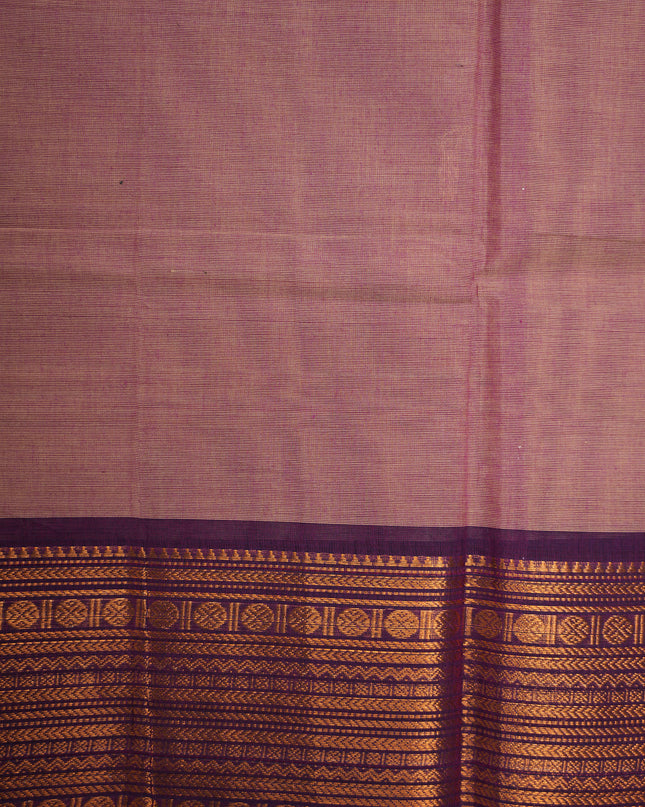 Premium Kanchi Handloom Cotton Saree in Dusty Mauve Pink with Gold Zari Buttas & Rich Copper Zari Border