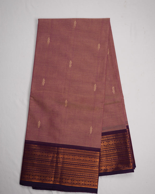 Premium Kanchi Handloom Cotton Saree in Dusty Mauve Pink with Gold Zari Buttas & Rich Copper Zari Border