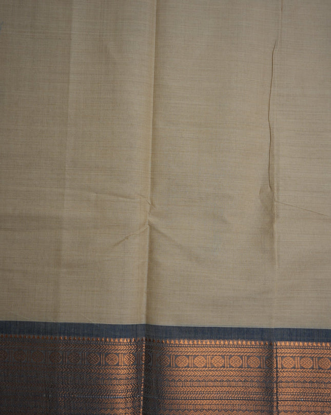 Premium Kanchi Handloom Cotton Saree in Camel Beige with Traditional Black Buttas & Rich Copper Zari Border