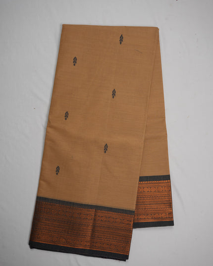Premium Kanchi Handloom Cotton Saree in Camel Beige with Traditional Black Buttas & Rich Copper Zari Border