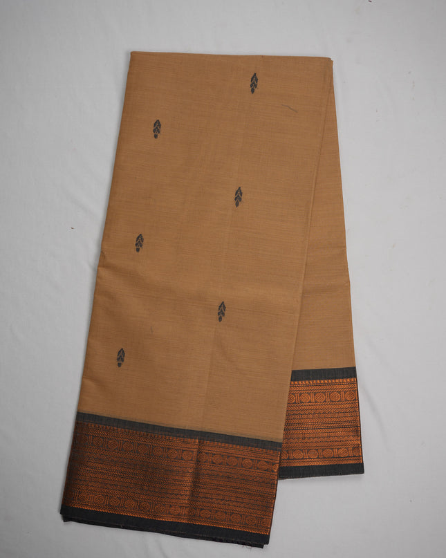 Premium Kanchi Handloom Cotton Saree in Camel Beige with Traditional Black Buttas & Rich Copper Zari Border