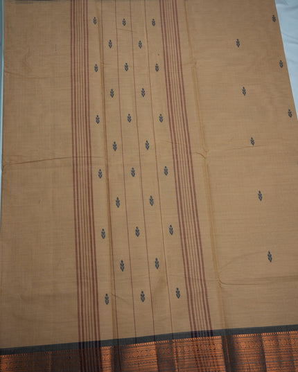 Premium Kanchi Handloom Cotton Saree in Camel Beige with Traditional Black Buttas & Rich Copper Zari Border