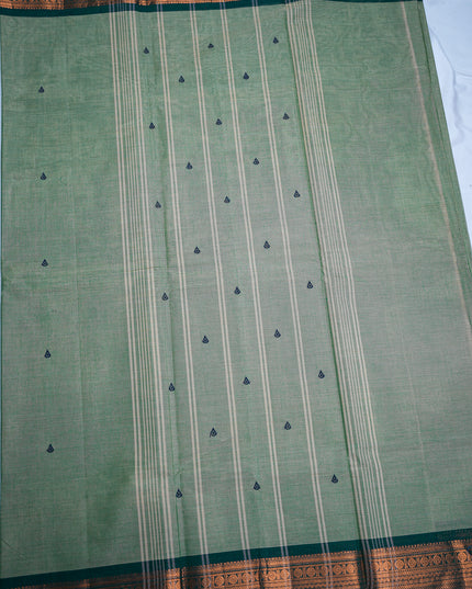 Premium Kanchi Handloom Cotton Saree in Pista Green with Traditional Black Buttas & Rich Copper Zari Border