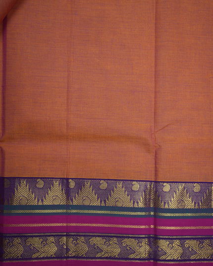 Premium Kanchi Handloom Cotton Saree in Burnt Orange with Gold Zari Weaving & Contrast Magenta-Purple Border
