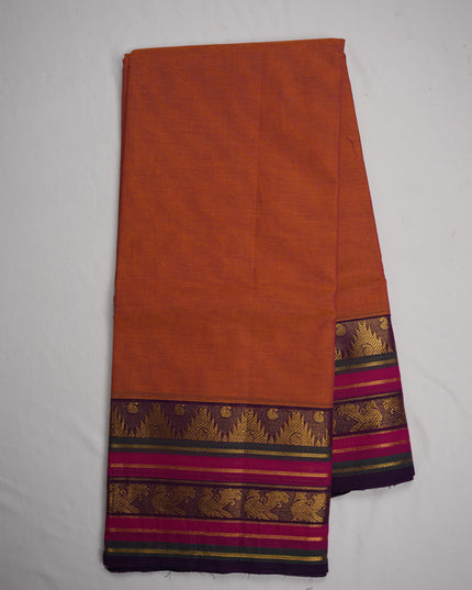 Premium Kanchi Handloom Cotton Saree in Burnt Orange with Gold Zari Weaving & Contrast Magenta-Purple Border