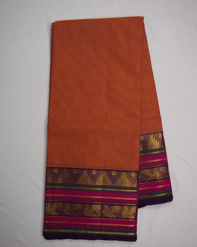 Premium Kanchi Handloom Cotton Saree in Burnt Orange with Gold Zari Weaving & Contrast Magenta-Purple Border