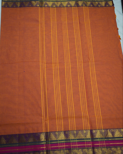 Premium Kanchi Handloom Cotton Saree in Burnt Orange with Gold Zari Weaving & Contrast Magenta-Purple Border