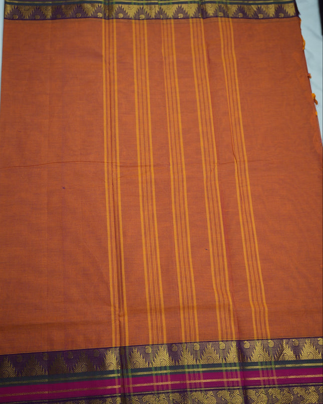 Premium Kanchi Handloom Cotton Saree in Burnt Orange with Gold Zari Weaving & Contrast Magenta-Purple Border
