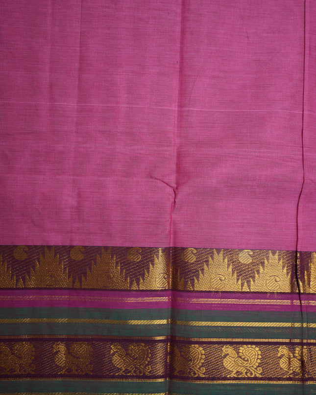 Premium Kanchi Handloom Cotton Saree in Rani Pink with Gold Zari Weaving & Contrast Magenta-Purple Border