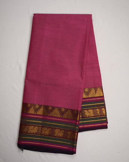 Premium Kanchi Handloom Cotton Saree in Rani Pink with Gold Zari Weaving & Contrast Magenta-Purple Border