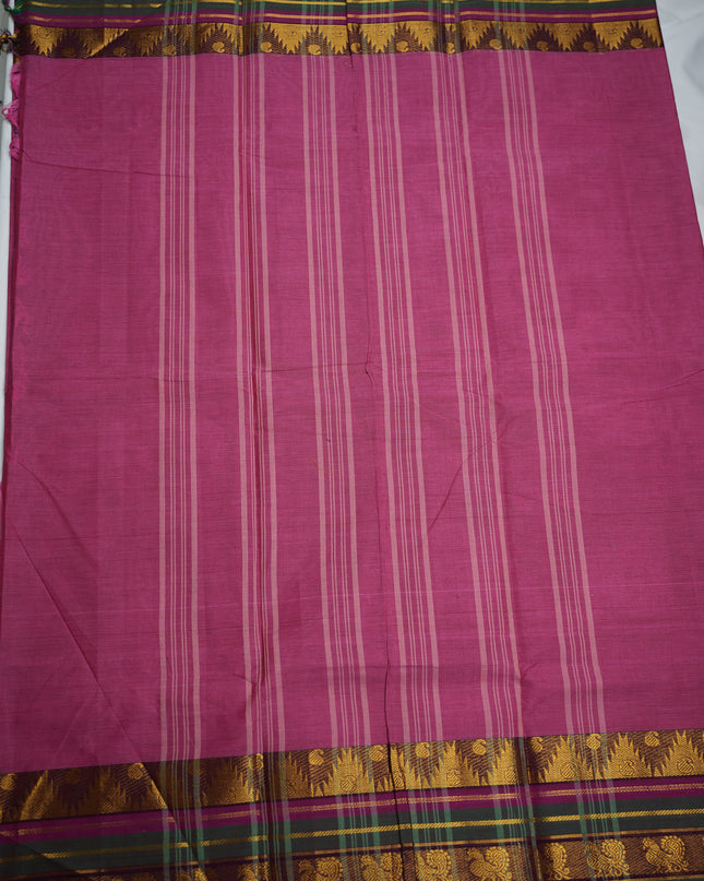 Premium Kanchi Handloom Cotton Saree in Rani Pink with Gold Zari Weaving & Contrast Magenta-Purple Border