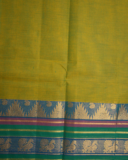 Premium Kanchi Handloom Cotton Saree in Mustard Green with Gold Zari Weaving & Contrast Royal Blue-Emerald Green Border