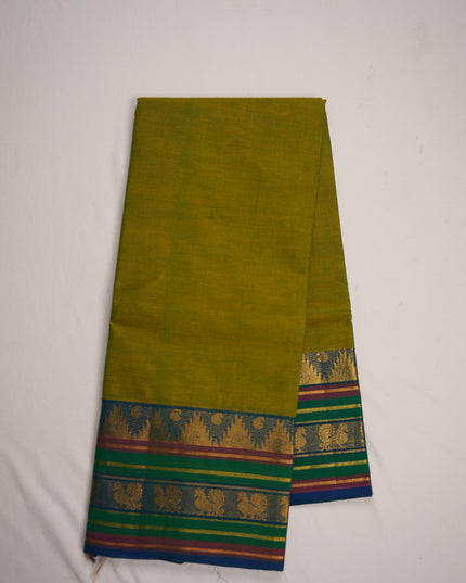 Premium Kanchi Handloom Cotton Saree in Mustard Green with Gold Zari Weaving & Contrast Royal Blue-Emerald Green Border
