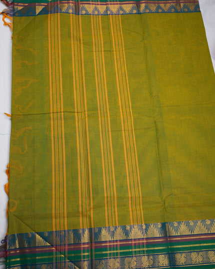 Premium Kanchi Handloom Cotton Saree in Mustard Green with Gold Zari Weaving & Contrast Royal Blue-Emerald Green Border
