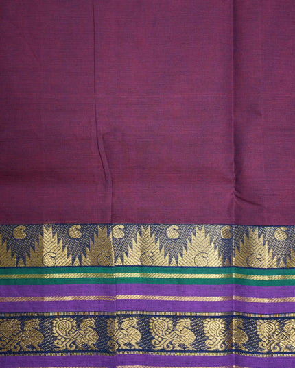 Premium Kanchi Handloom Cotton Saree in Wine Purple with Gold Zari Weaving & Contrast Royal Blue-Emerald Green Border