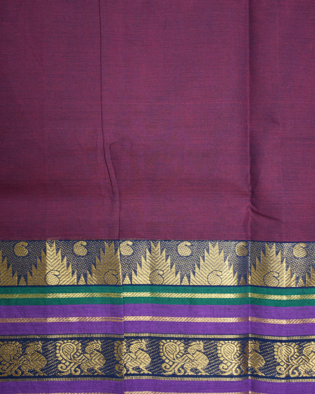Premium Kanchi Handloom Cotton Saree in Wine Purple with Gold Zari Weaving & Contrast Royal Blue-Emerald Green Border