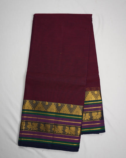 Premium Kanchi Handloom Cotton Saree in Wine Purple with Gold Zari Weaving & Contrast Royal Blue-Emerald Green Border