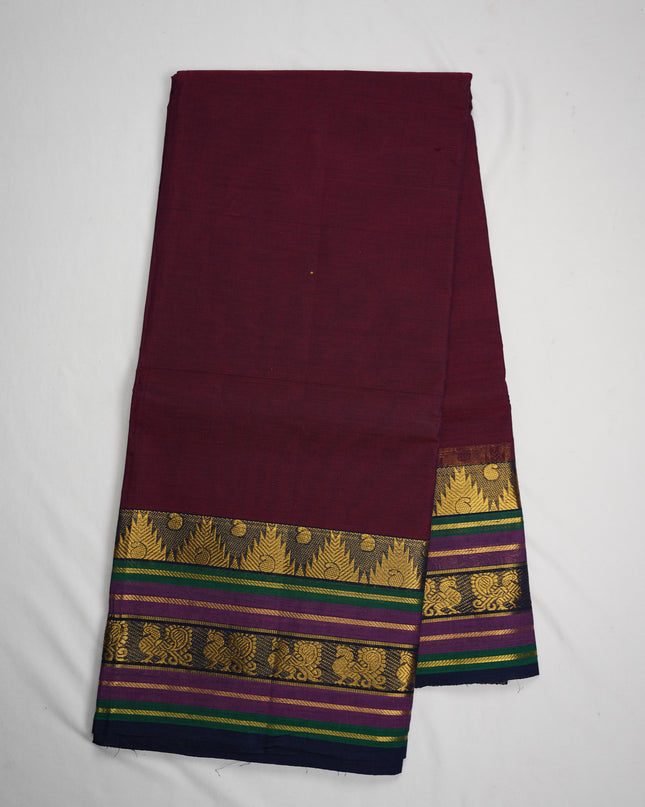 Premium Kanchi Handloom Cotton Saree in Wine Purple with Gold Zari Weaving & Contrast Royal Blue-Emerald Green Border