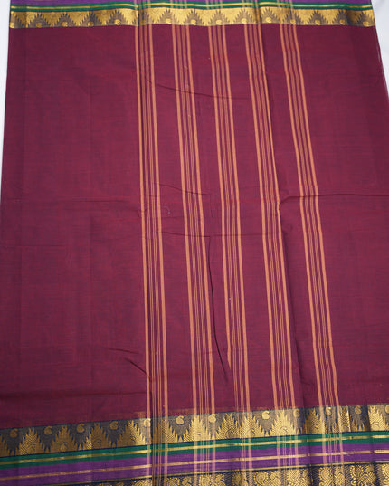 Premium Kanchi Handloom Cotton Saree in Wine Purple with Gold Zari Weaving & Contrast Royal Blue-Emerald Green Border