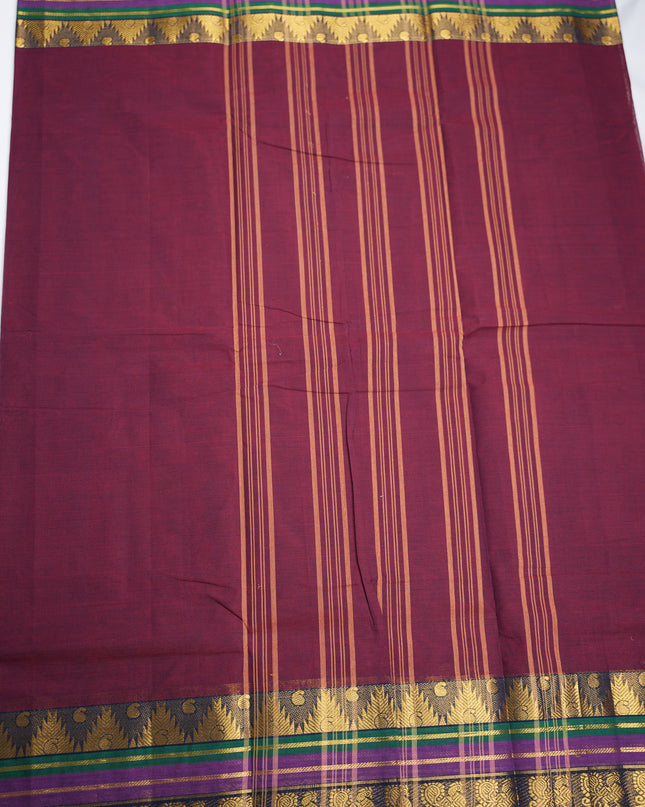 Premium Kanchi Handloom Cotton Saree in Wine Purple with Gold Zari Weaving & Contrast Royal Blue-Emerald Green Border