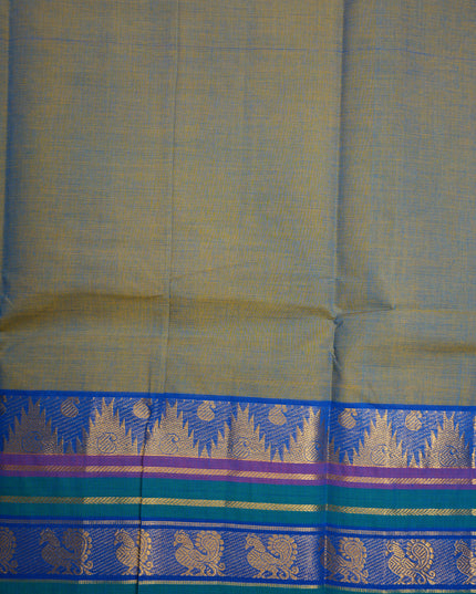 Premium Kanchi Handloom Cotton Saree in Olive Grey with Gold Zari Weaving & Contrast Royal Blue-Emerald Green Border