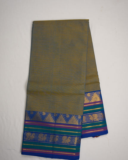 Premium Kanchi Handloom Cotton Saree in Olive Grey with Gold Zari Weaving & Contrast Royal Blue-Emerald Green Border