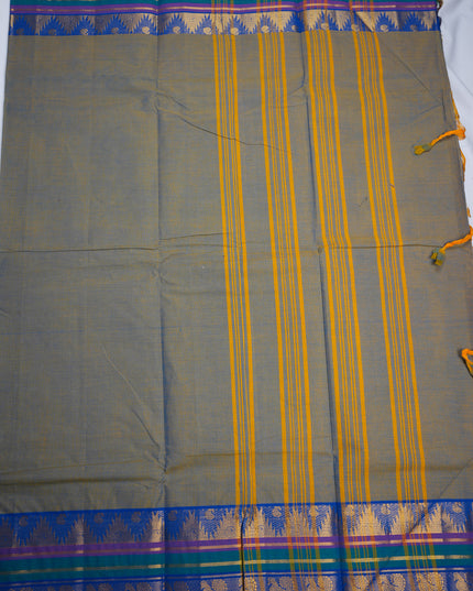 Premium Kanchi Handloom Cotton Saree in Olive Grey with Gold Zari Weaving & Contrast Royal Blue-Emerald Green Border