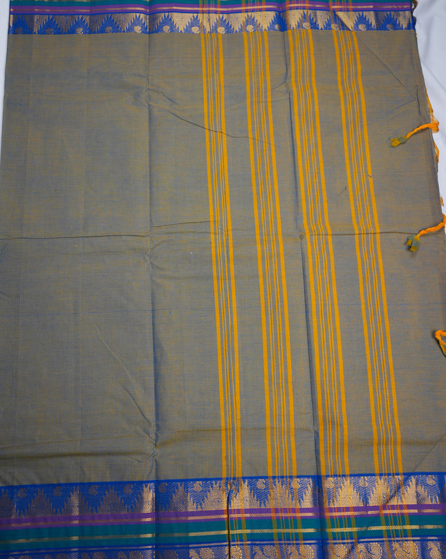 Premium Kanchi Handloom Cotton Saree in Olive Grey with Gold Zari Weaving & Contrast Royal Blue-Emerald Green Border