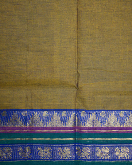 Premium Kanchi Handloom Cotton Saree in Classic Mustard Gold with Traditional Gold Zari Temple-Peacock Weaving & Contrast Emerald Green-Rani Pink-Royal Blue Borde