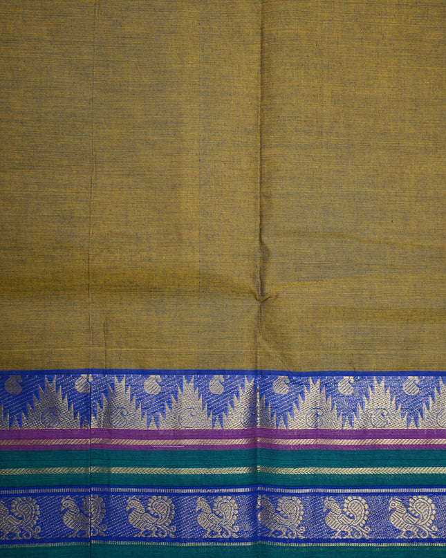 Premium Kanchi Handloom Cotton Saree in Classic Mustard Gold with Traditional Gold Zari Temple-Peacock Weaving & Contrast Emerald Green-Rani Pink-Royal Blue Borde