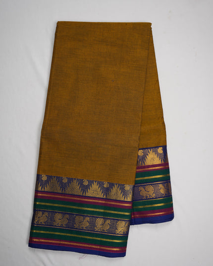 Premium Kanchi Handloom Cotton Saree in Classic Mustard Gold with Traditional Gold Zari Temple-Peacock Weaving & Contrast Emerald Green-Rani Pink-Royal Blue Borde