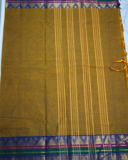 Premium Kanchi Handloom Cotton Saree in Classic Mustard Gold with Traditional Gold Zari Temple-Peacock Weaving & Contrast Emerald Green-Rani Pink-Royal Blue Borde