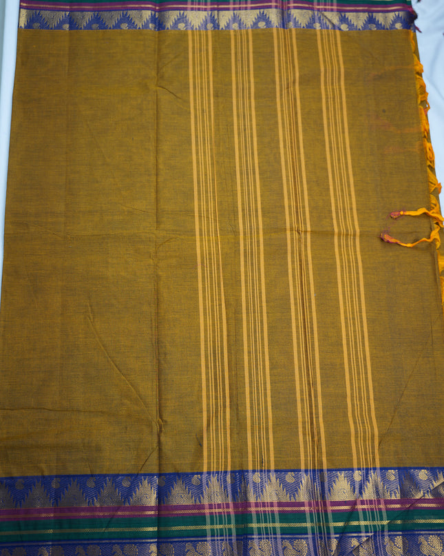Premium Kanchi Handloom Cotton Saree in Classic Mustard Gold with Traditional Gold Zari Temple-Peacock Weaving & Contrast Emerald Green-Rani Pink-Royal Blue Borde