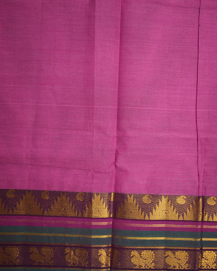 Premium Kanchi Handloom Cotton Saree in Rani Pink with Gold Zari Weaving & Contrast Purple-Green Border