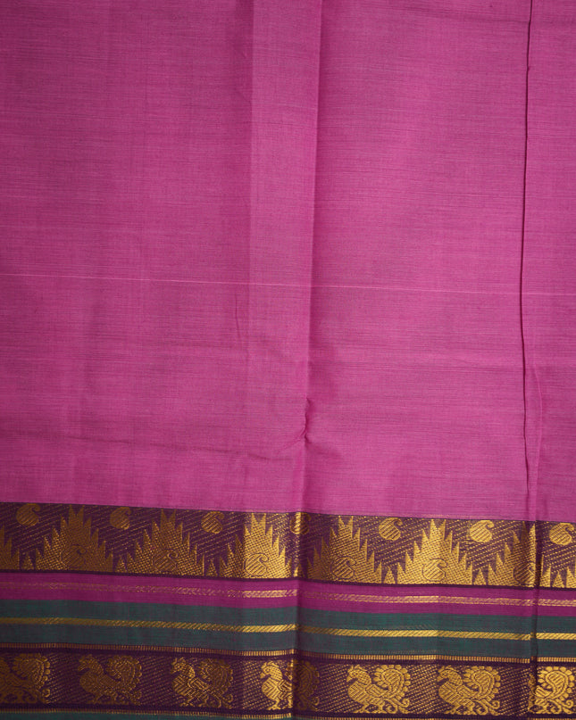 Premium Kanchi Handloom Cotton Saree in Rani Pink with Gold Zari Weaving & Contrast Purple-Green Border