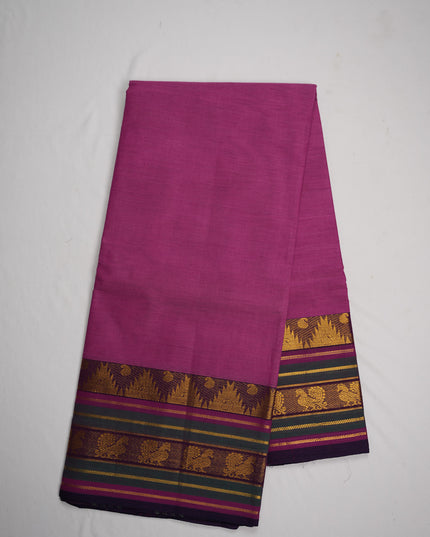 Premium Kanchi Handloom Cotton Saree in Rani Pink with Gold Zari Weaving & Contrast Purple-Green Border