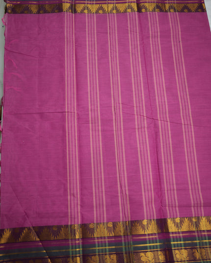 Premium Kanchi Handloom Cotton Saree in Rani Pink with Gold Zari Weaving & Contrast Purple-Green Border