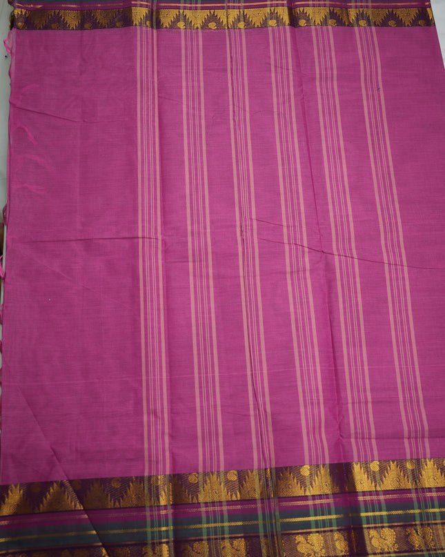 Premium Kanchi Handloom Cotton Saree in Rani Pink with Gold Zari Weaving & Contrast Purple-Green Border