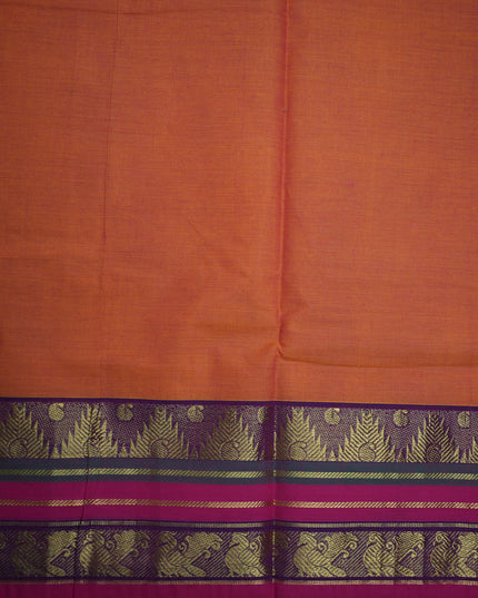 Premium Kanchi Handloom Cotton Saree in Vibrant Orange with Gold Zari Weaving & Contrast Magenta-Purple Border