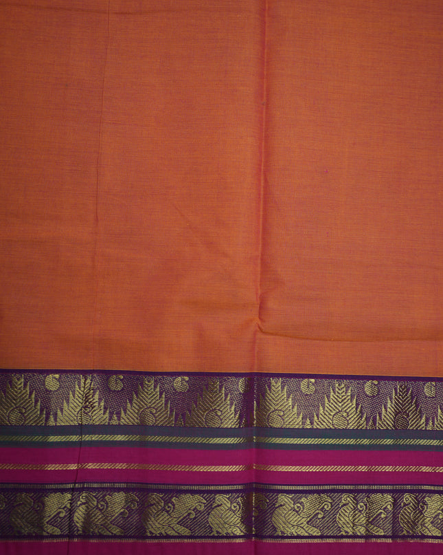 Premium Kanchi Handloom Cotton Saree in Vibrant Orange with Gold Zari Weaving & Contrast Magenta-Purple Border